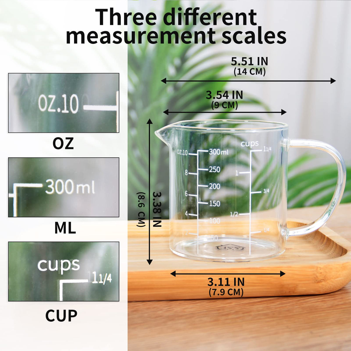 77L 300 ml scale cup helps quick measurements in cups and milliliters