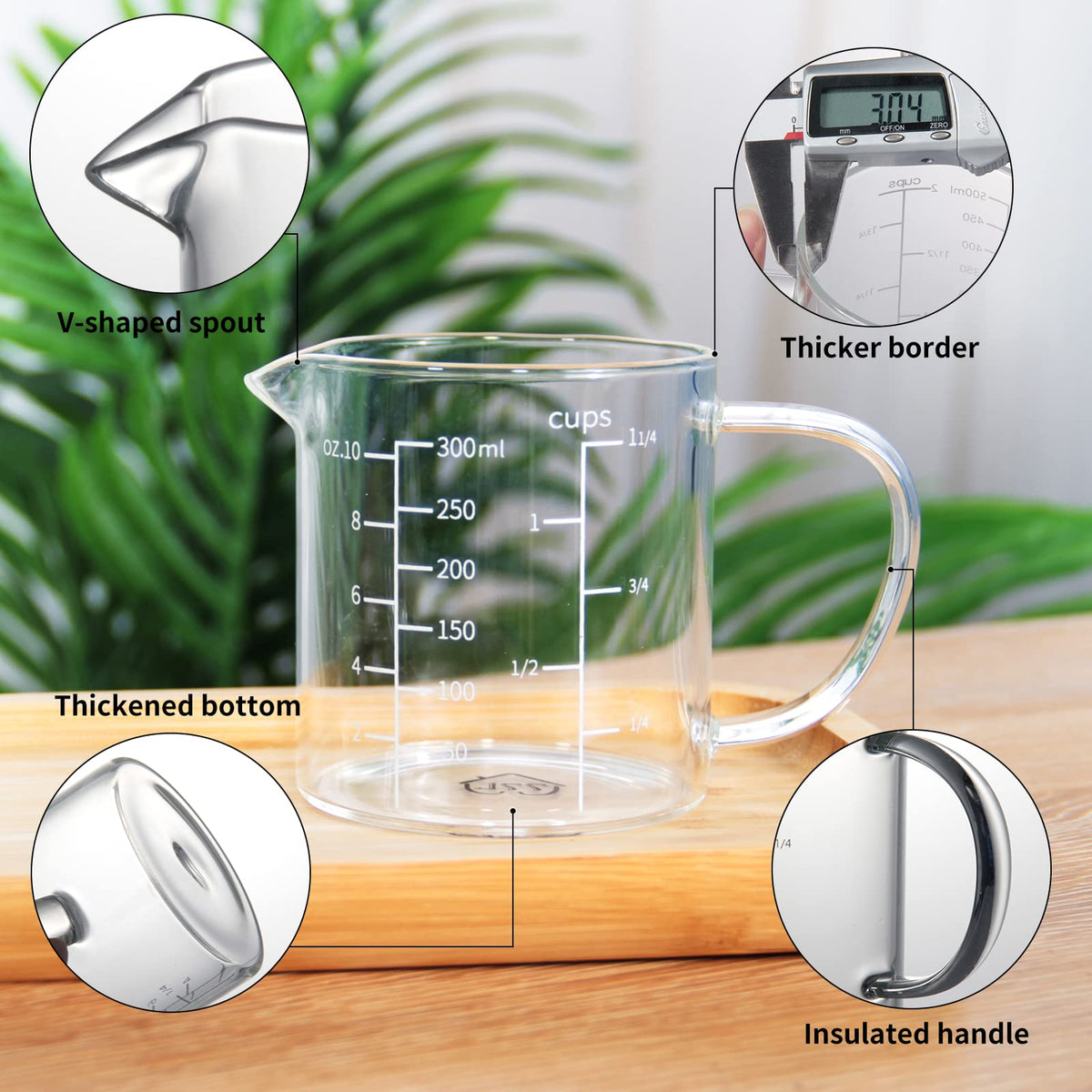 77L measuring cup notes not to dry heat and to keep water during heating