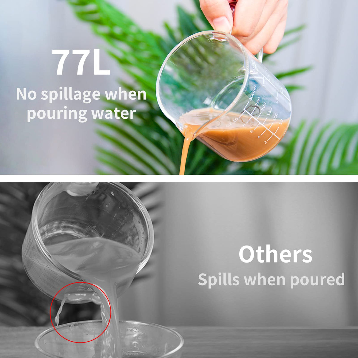 77L measuring cup features a comfortable handle for steady pouring