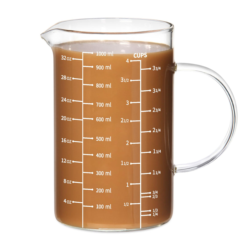 77L glass measuring cup with insulated handle and V-shaped spout for precise pours.