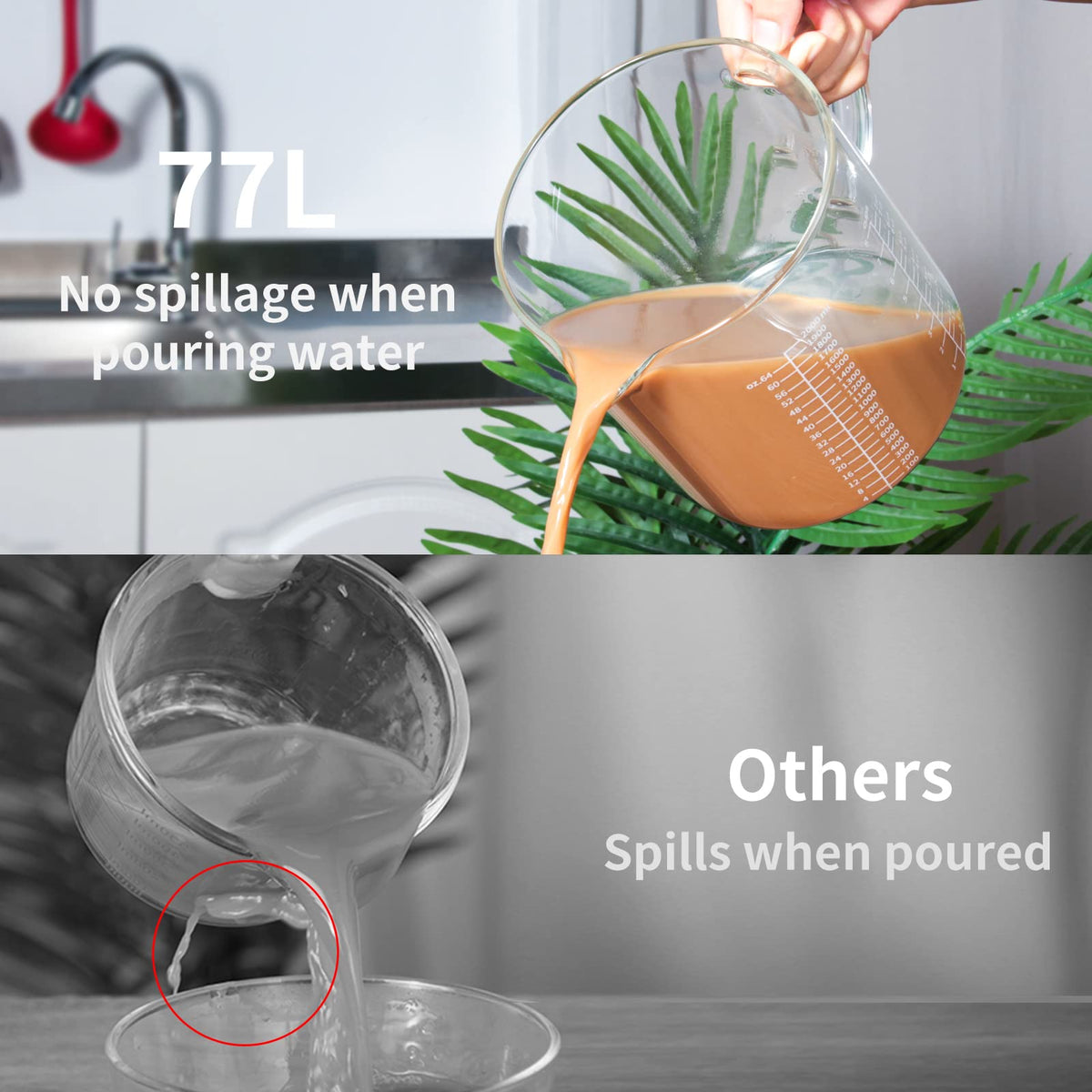 77L glass measuring cup with a V-shaped spout for spill-free pouring