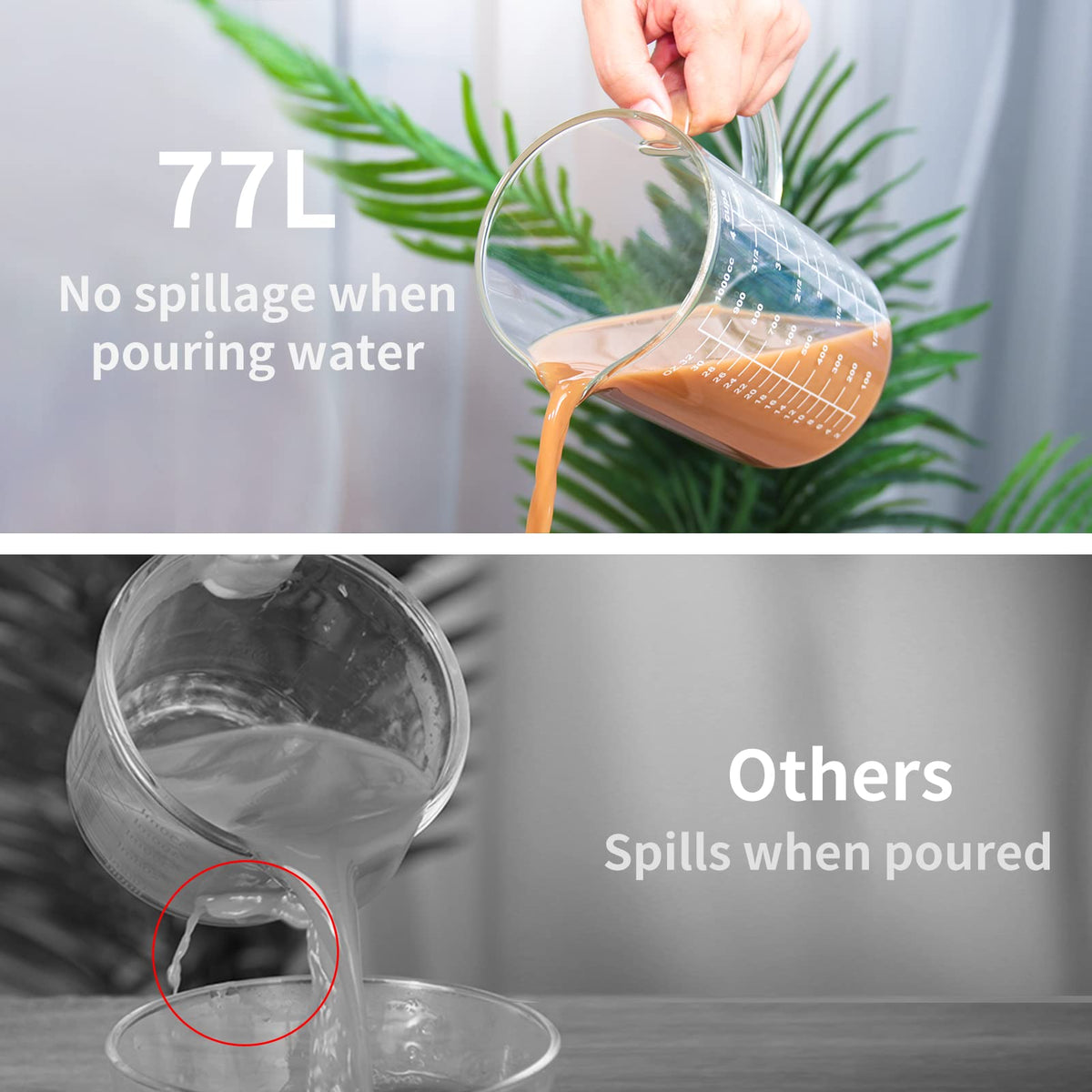 77L measuring cup with wide mouth for easy cleaning and filling.