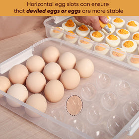 77L stackable egg holder in fridge keeps eggs organized.