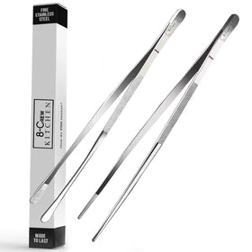 8-CREW KITCHEN cooking tweezers close-up in brushed stainless steel for precise plating