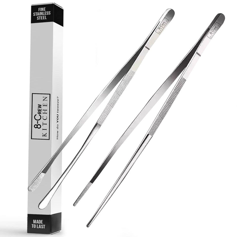 8-CREW KITCHEN cooking tweezers close-up in brushed stainless steel for precise plating
