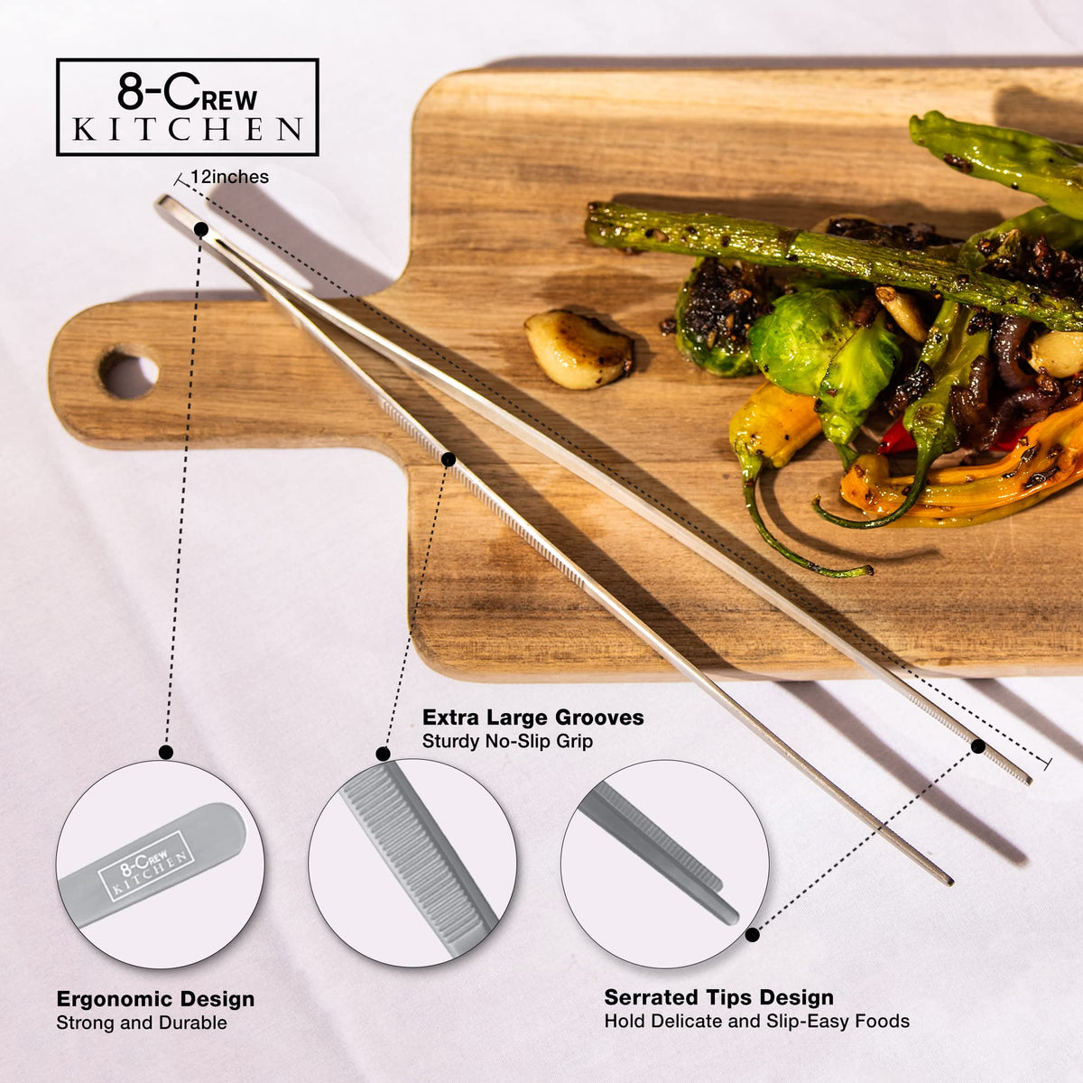 8-CREW KITCHEN tweezers in hand show textured grip for steady control