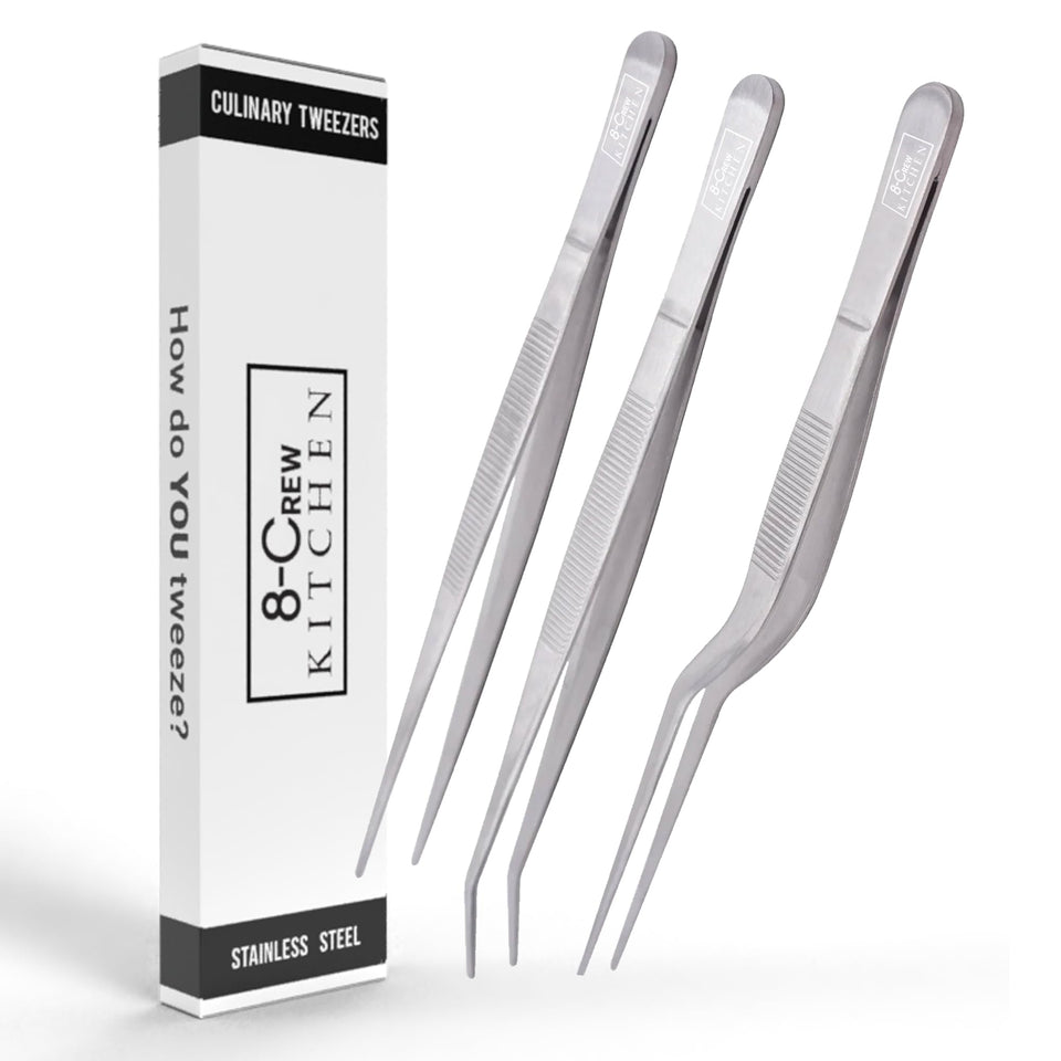8-CREW KITCHEN 6-inch tweezers in front view for precise plating.