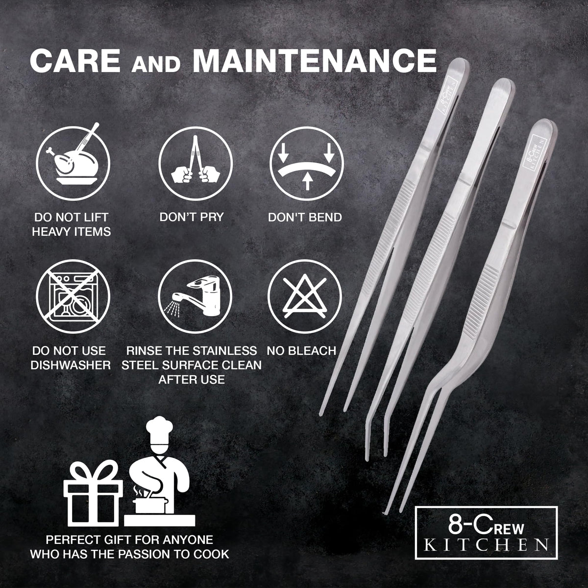 Easy-hand washing approach for 8-CREW KITCHEN tweezers.