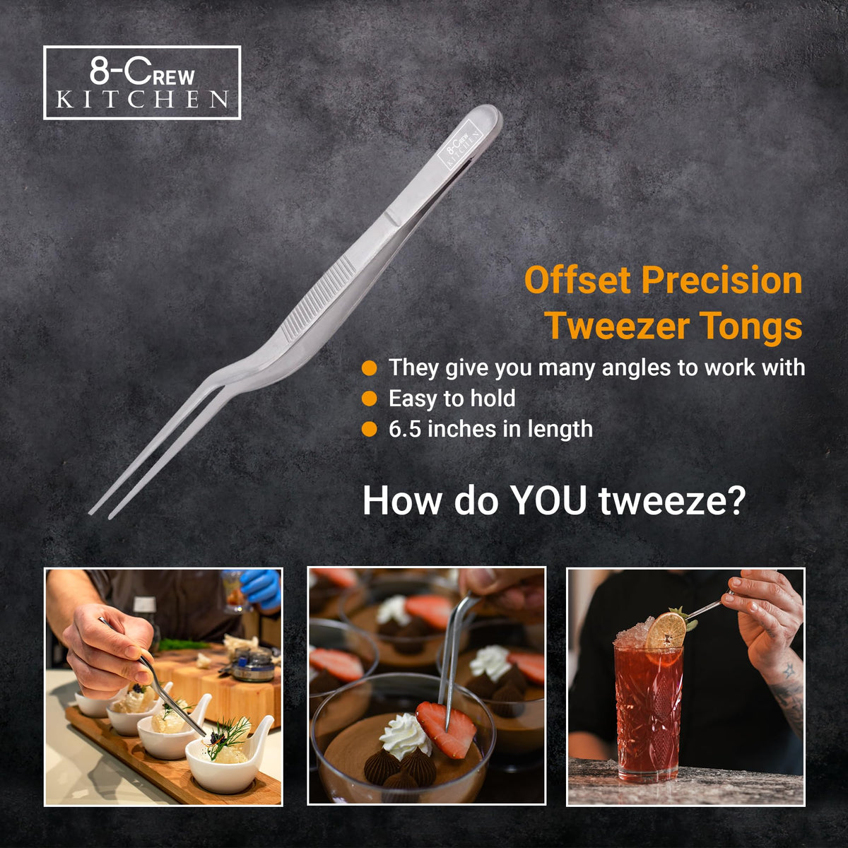 Grooved, ergonomic handle on 8-CREW KITCHEN tweezers.