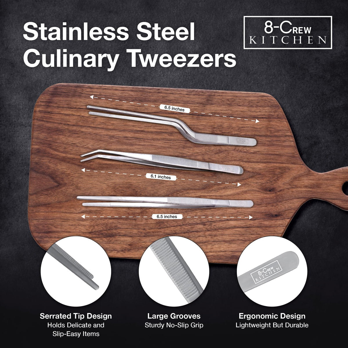 Close-up of serrated tips on 8-CREW KITCHEN tweezers.