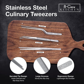 Close-up of serrated tips on 8-CREW KITCHEN tweezers.