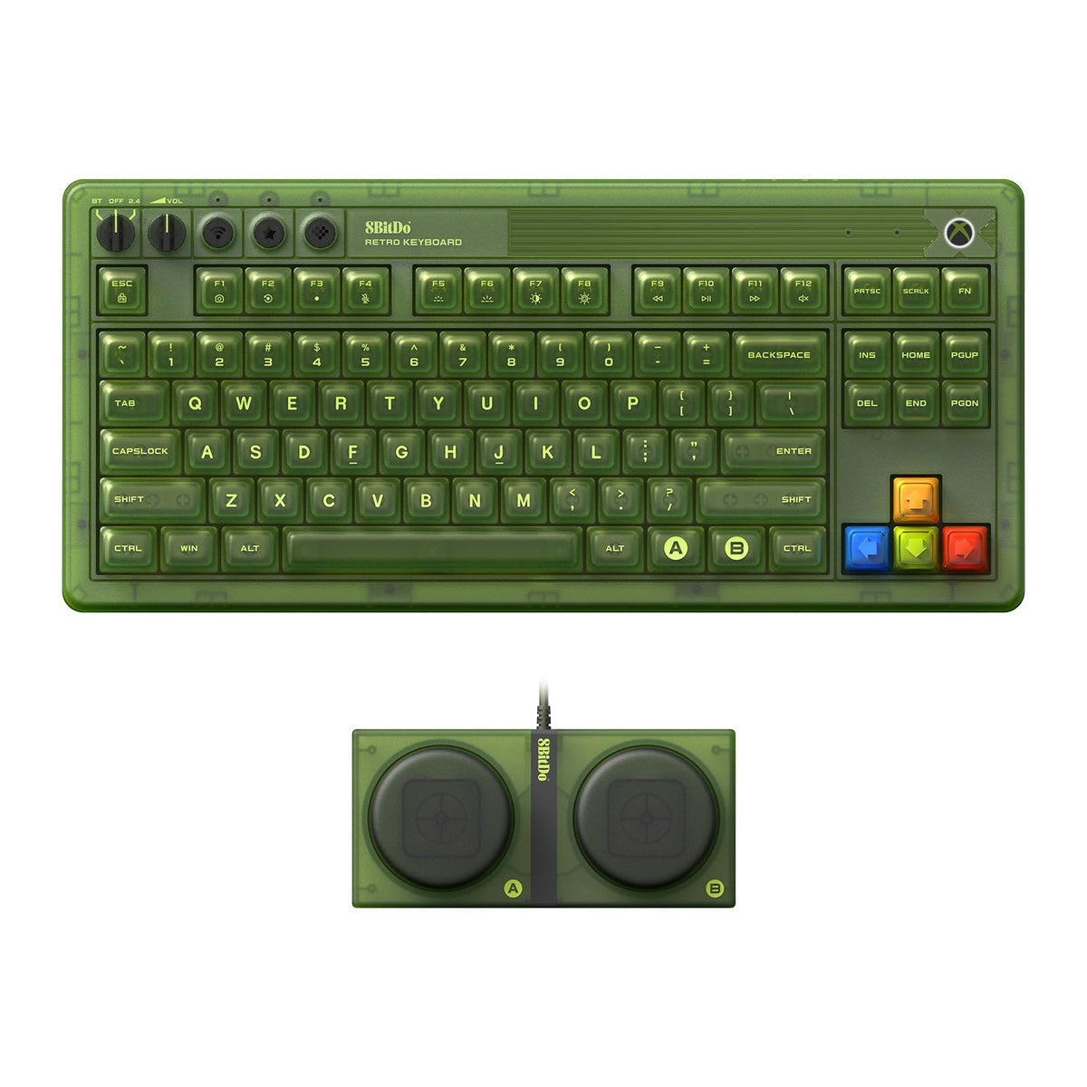 8BitDo Retro 87-Key Xbox Edition front view showing compact design and console-ready setup.