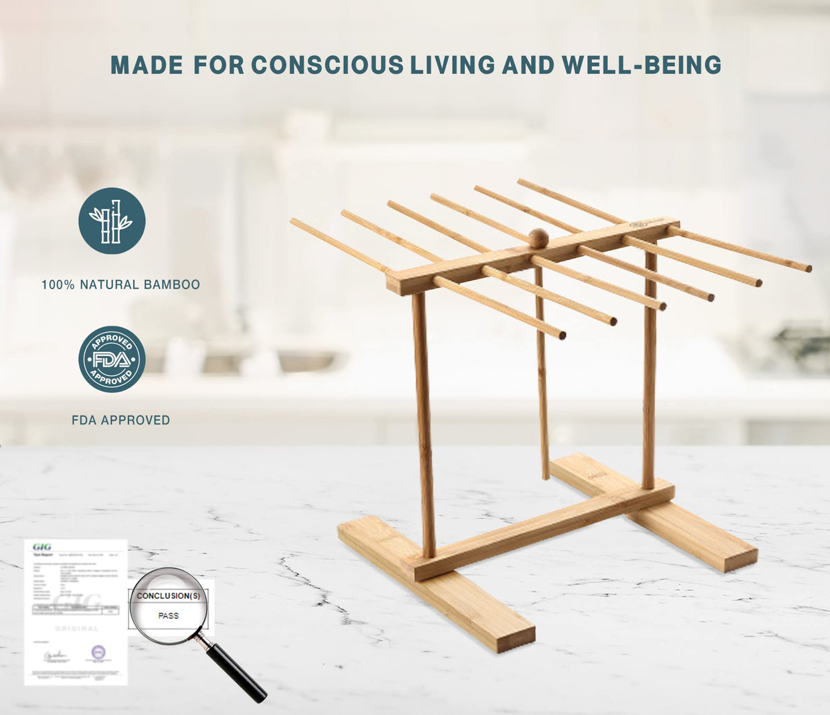 8SOM design collapses compactly for easy storage while drying pasta