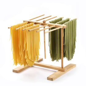 8SOM bamboo pasta drying rack with transfer wand facilitates easy transfer from maker to drying rods