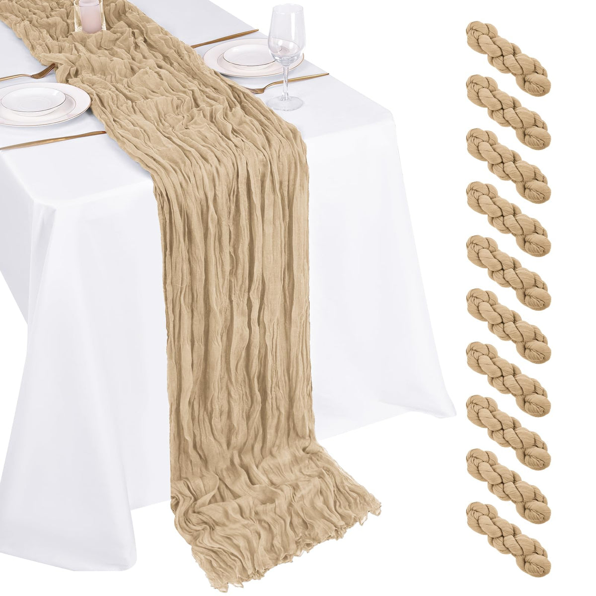 Beautane beige cheesecloth table runner 17x108 inches for soft boho wedding decor.