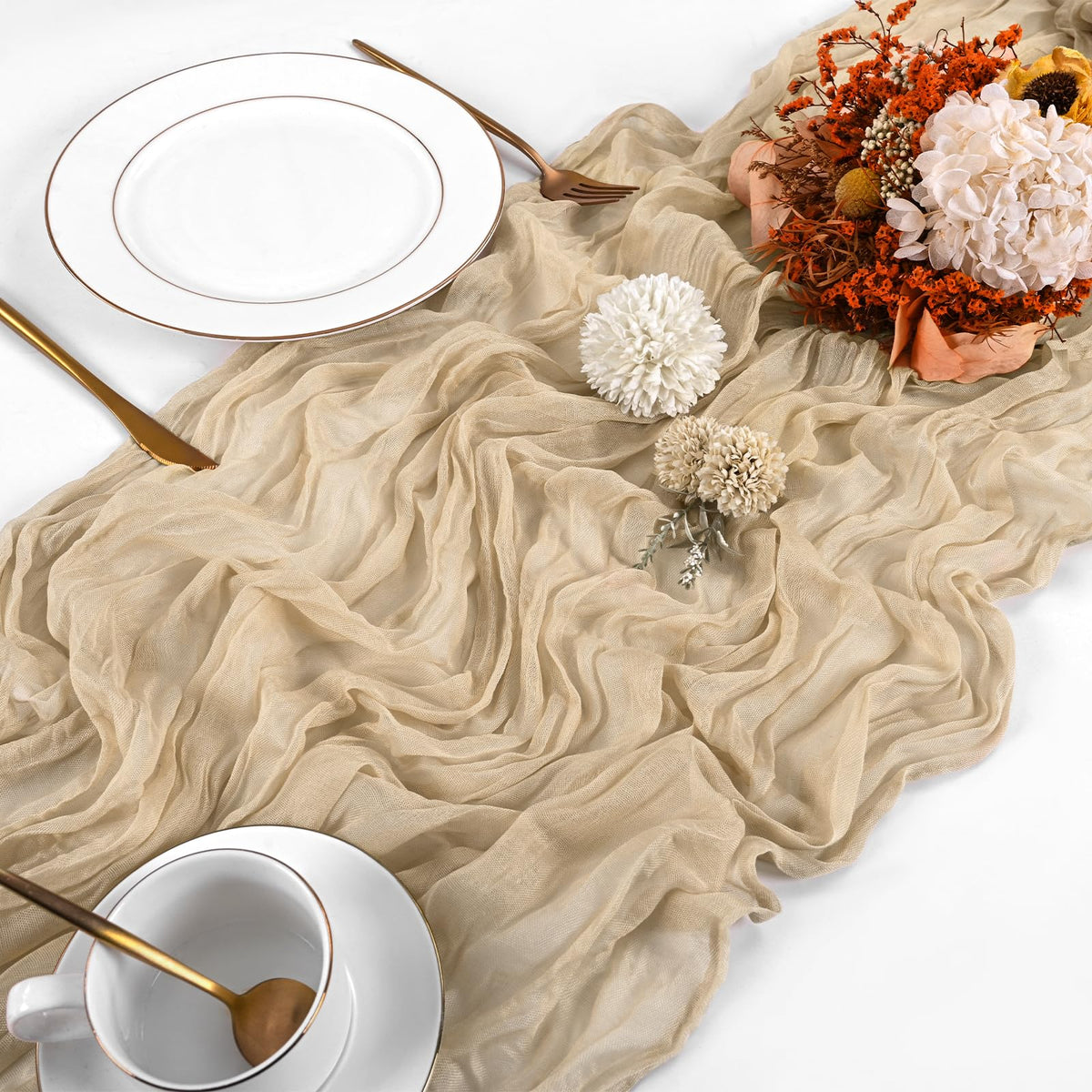  Beautane 17x108 beige cheesecloth runner creates backdrop and arch accents.
