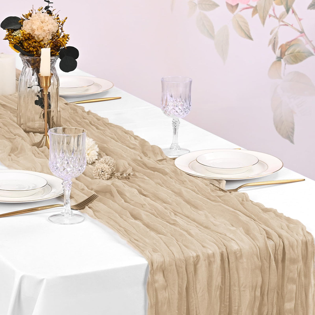  Beautane lightweight gauze runner beige suitable for tea parties and feasts.