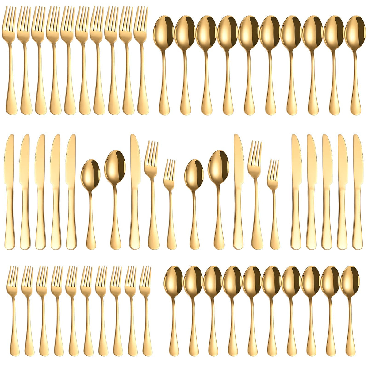 ERVILO 60-piece gold flatware set displayed on table for elegant entertaining.