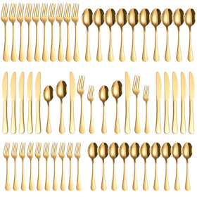 ERVILO 60-piece gold flatware set displayed on table for elegant entertaining.