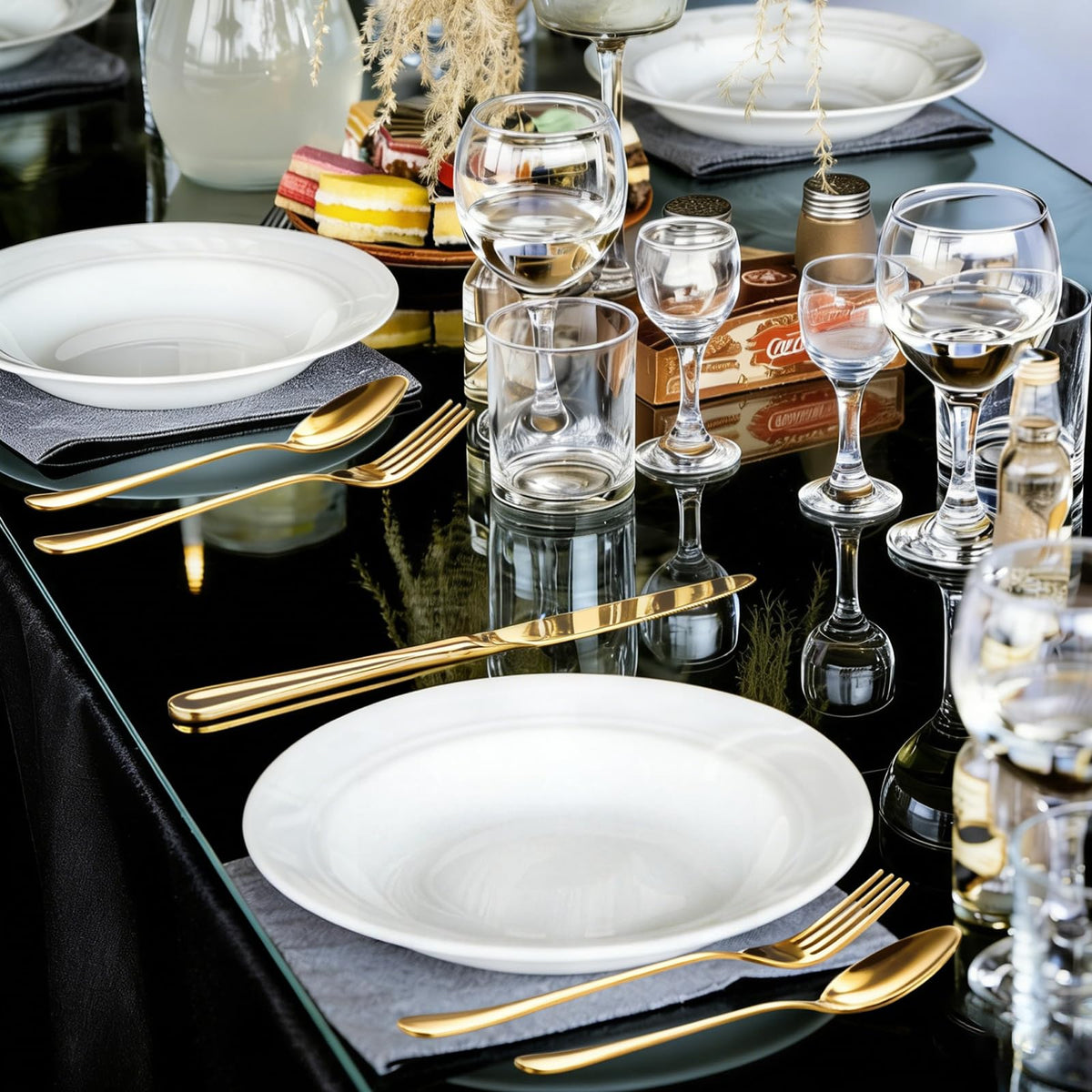 ERVILO dishwasher-safe gold flatware ready for easy cleaning.