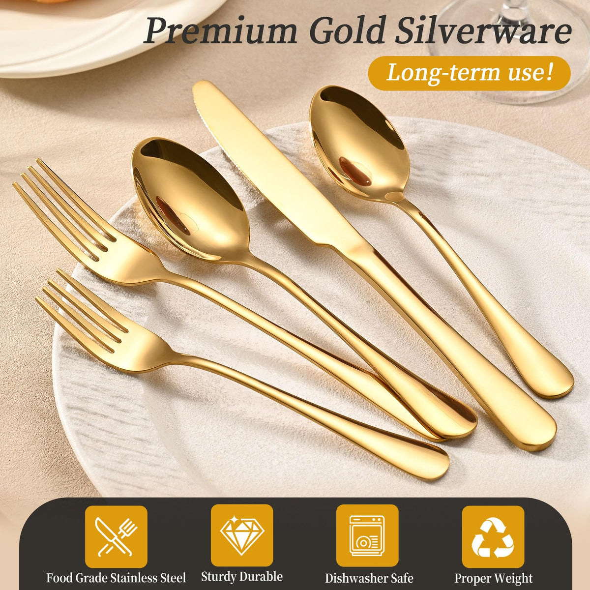 ERVILO gold finished dinner knife with smooth edge for premium dining.