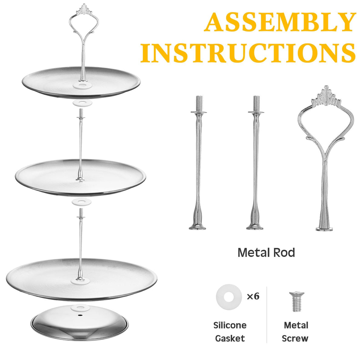 Gerrii 3-tier silver cupcake stand side angle shows sturdy construction