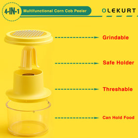 Bright yellow OLEKURT corn stripper on a tidy kitchen setup.