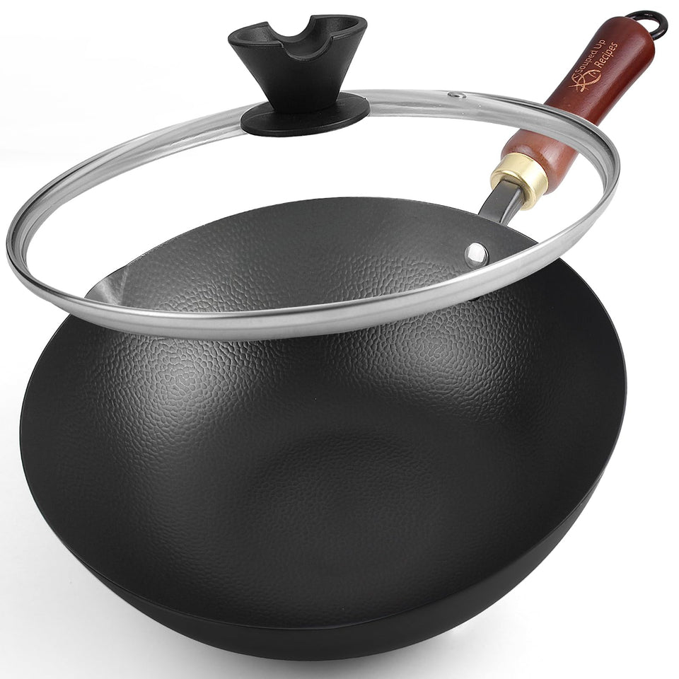 Souped Up Recipes 10-inch wok with lid on stove for quick, flavorful stir-fries.
