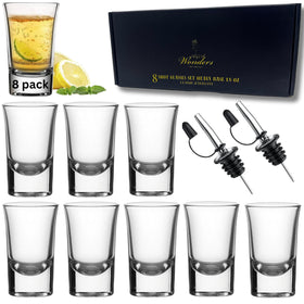 A&A Wonders eight-shot glasses with heavy bases for stable pours and durability