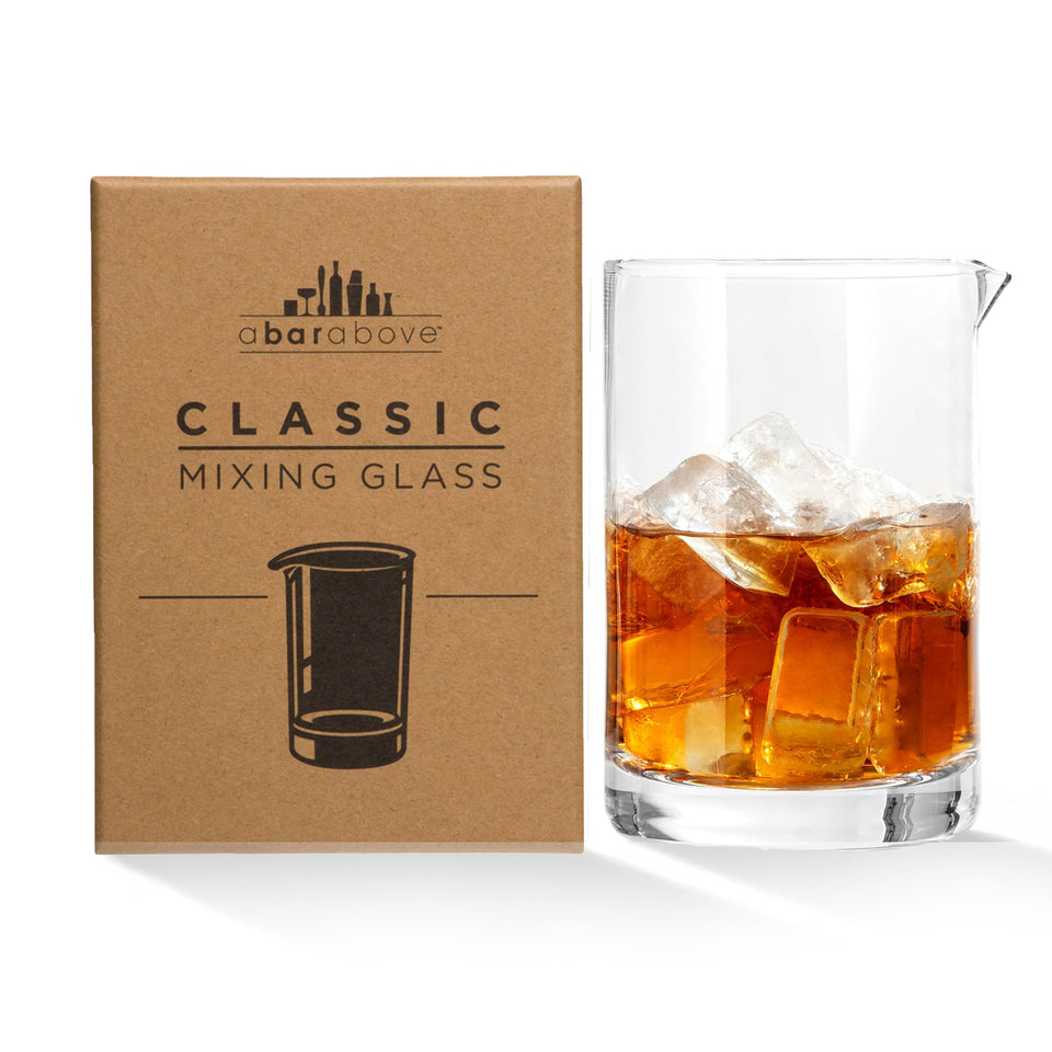 A Bar Above 18oz cocktail mixing glass top view shows precise dilution control.