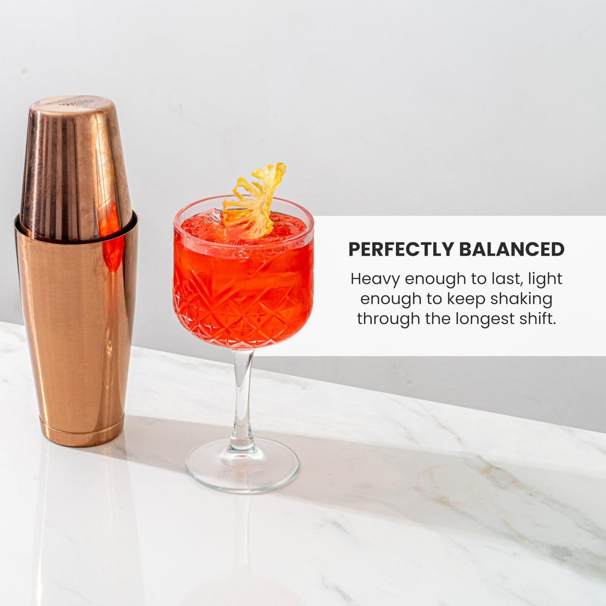 A Bar Above dishwasher-safe stainless finish shaker for easy cleanup after service.