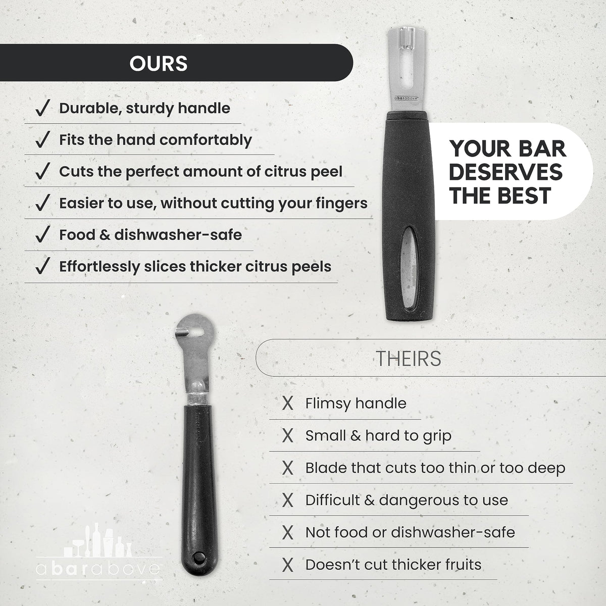A Bar Above citrus garnish tool for elegant peel ribbons.
