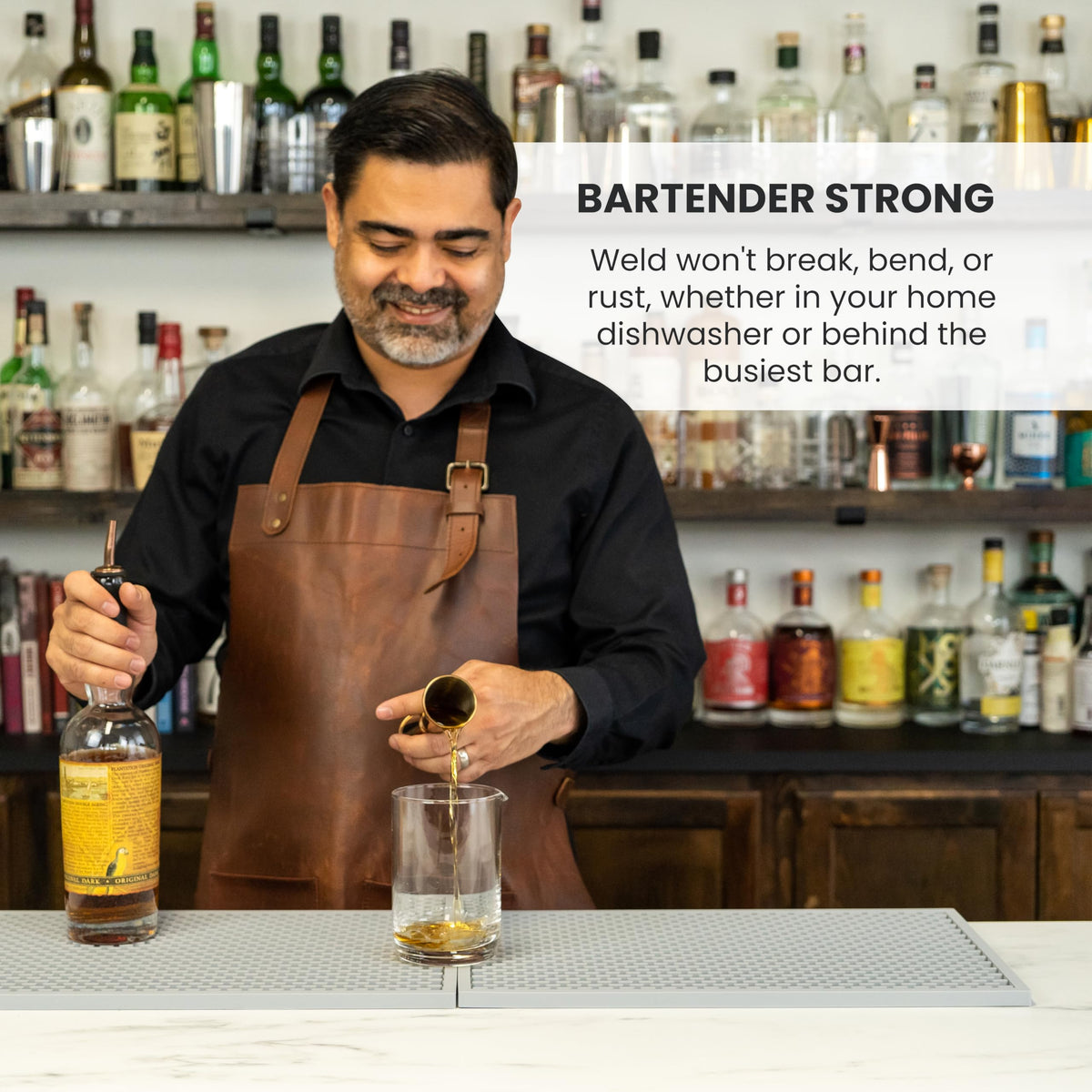 A Bar Above jigger's ergonomic handle promotes fast, precise pours during service.