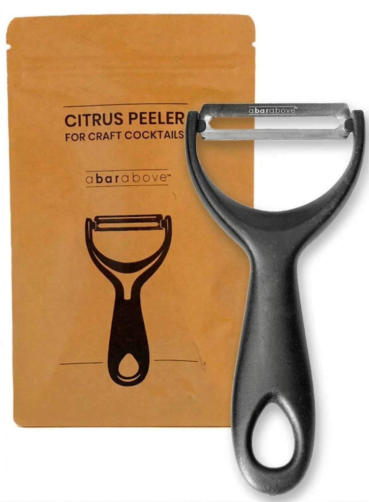 A Bar Above Gold Citrus Peeler with angled blade for precise peels.