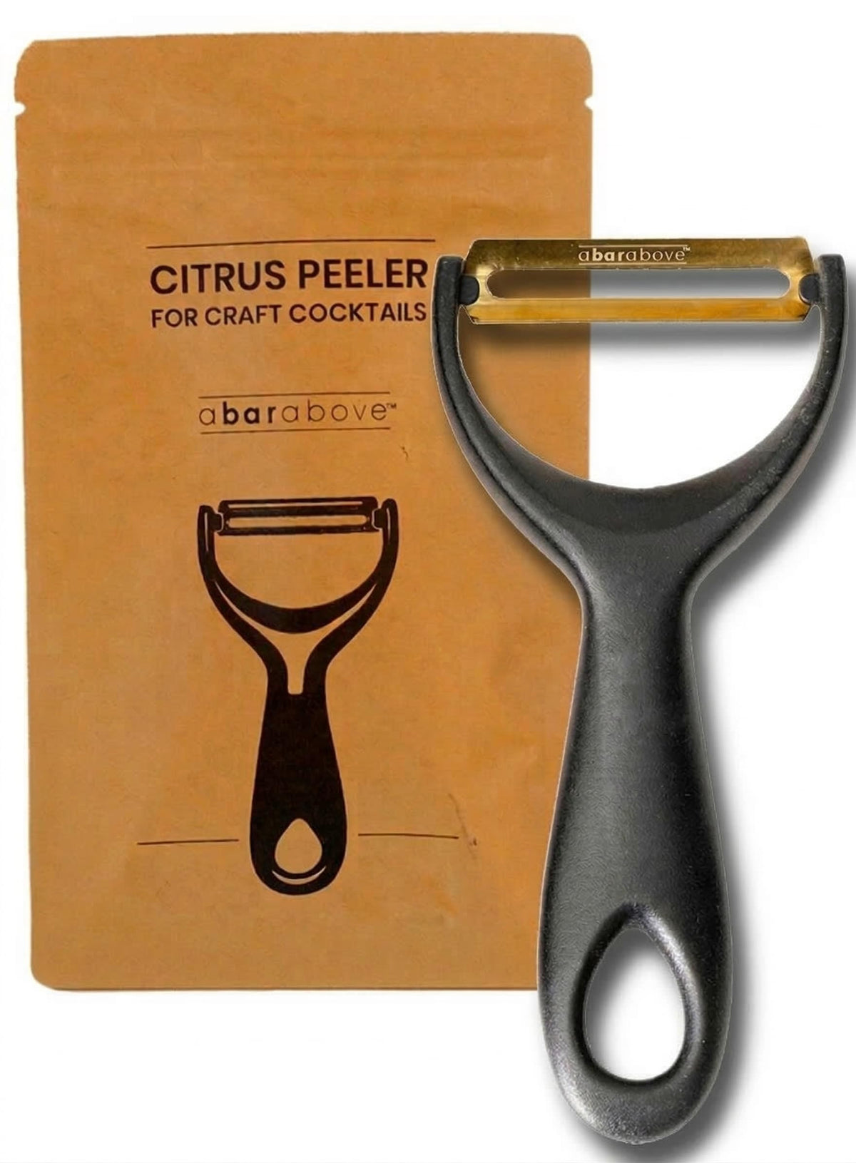 A Bar Above Gold Citrus Peeler with angled blade for precise citrus peels and vibrant garnishes.