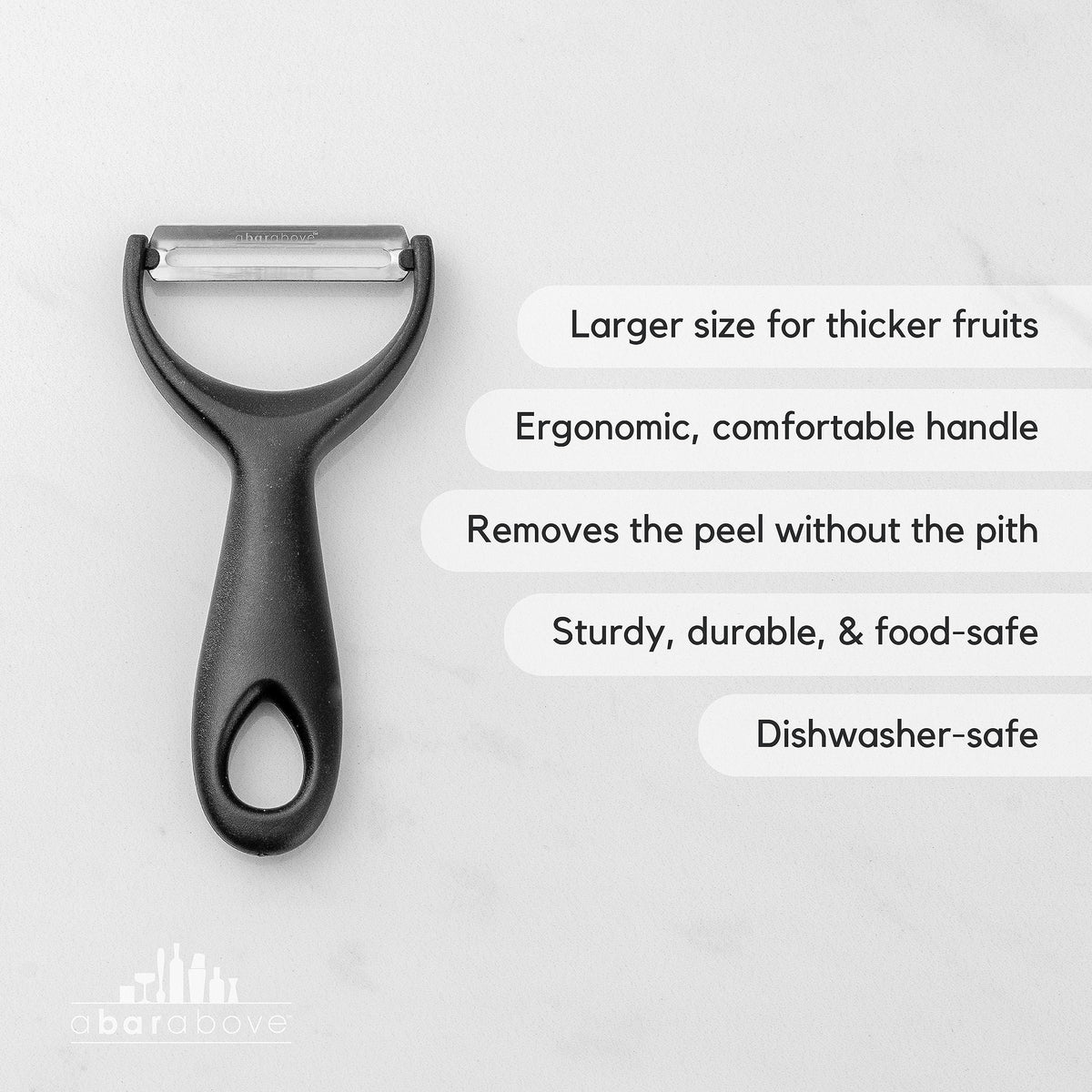 A Bar Above Gold Citrus Peeler highlights ergonomic handle for comfortable, slip-free peeling.