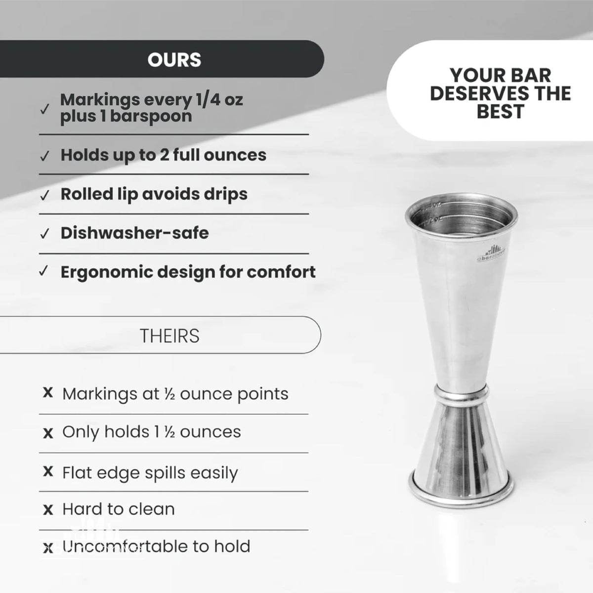 A Bar Above engraved OZ markings help bartenders fine-tune cocktails.