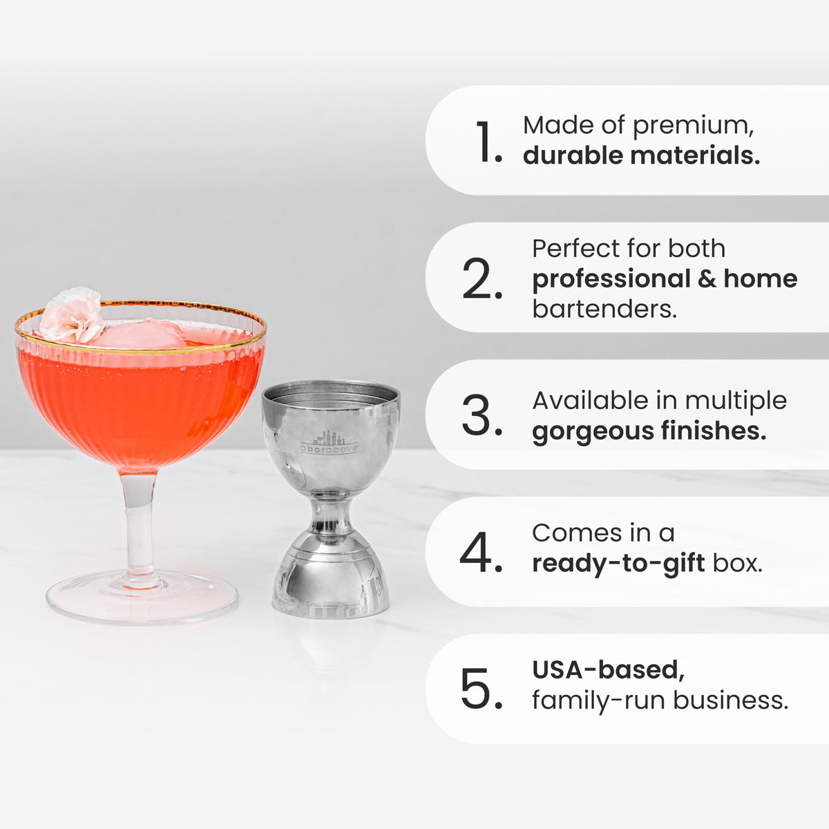 A Bar Above Premium Bell Jigger markings enable precise, repeatable pours.