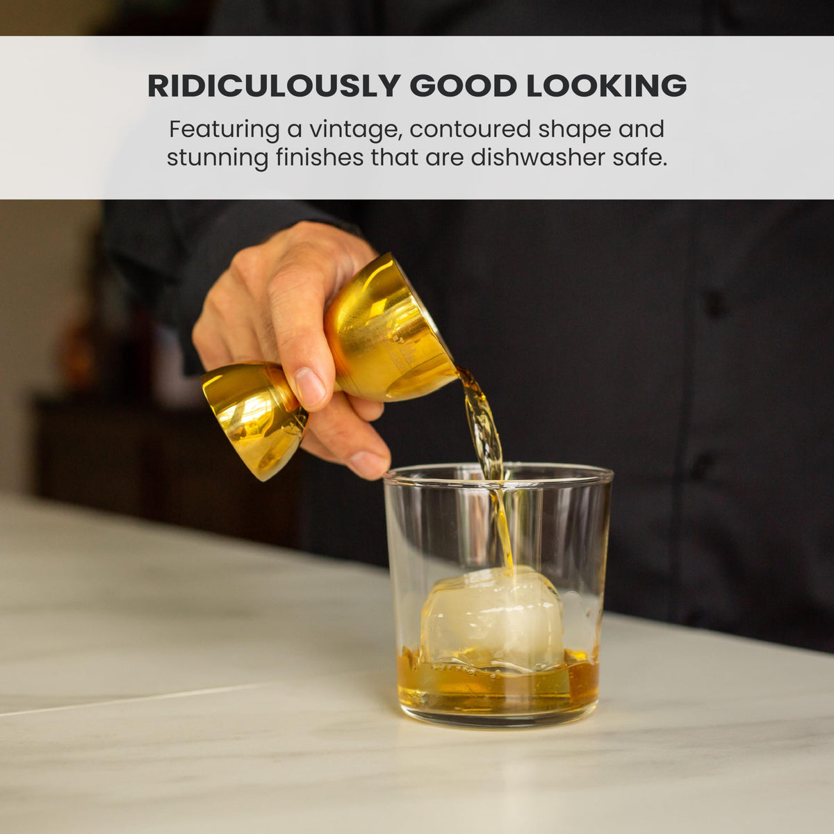 A Bar Above Premium Bell Jigger polished stainless steel finish resists wear.