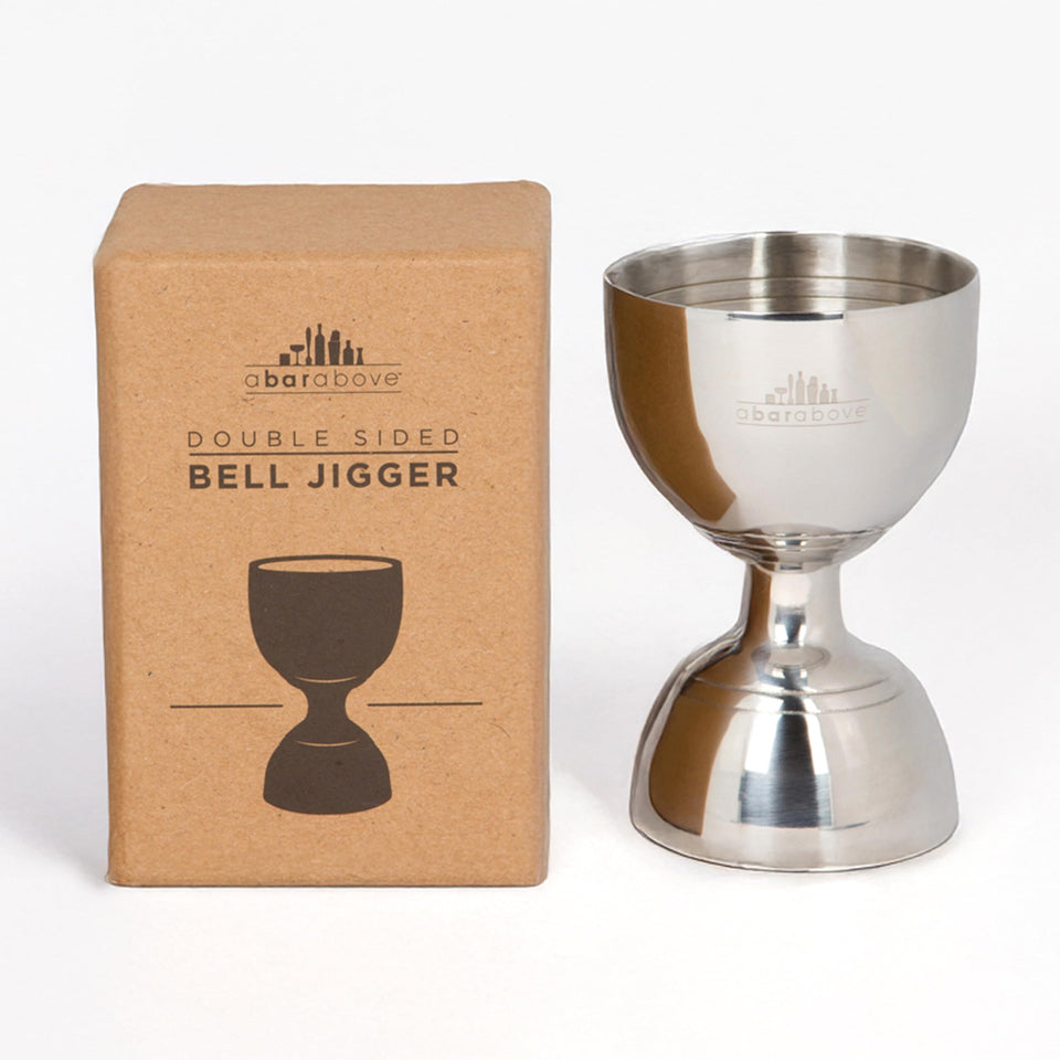 A Bar Above Premium Bell Jigger top view highlights dual-sided measurements for quick pours.