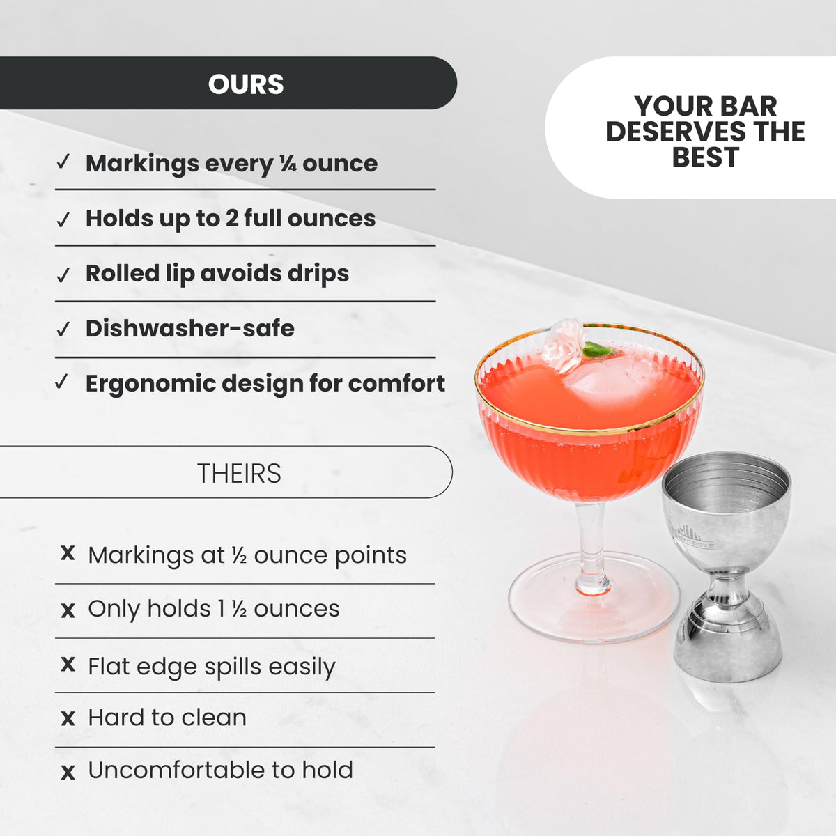 A Bar Above Premium Bell Jigger wide mouth facilitates easy liquid transfer.