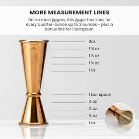 A Bar Above jigger with rolled lip guides liquids cleanly into glass, reducing waste.
