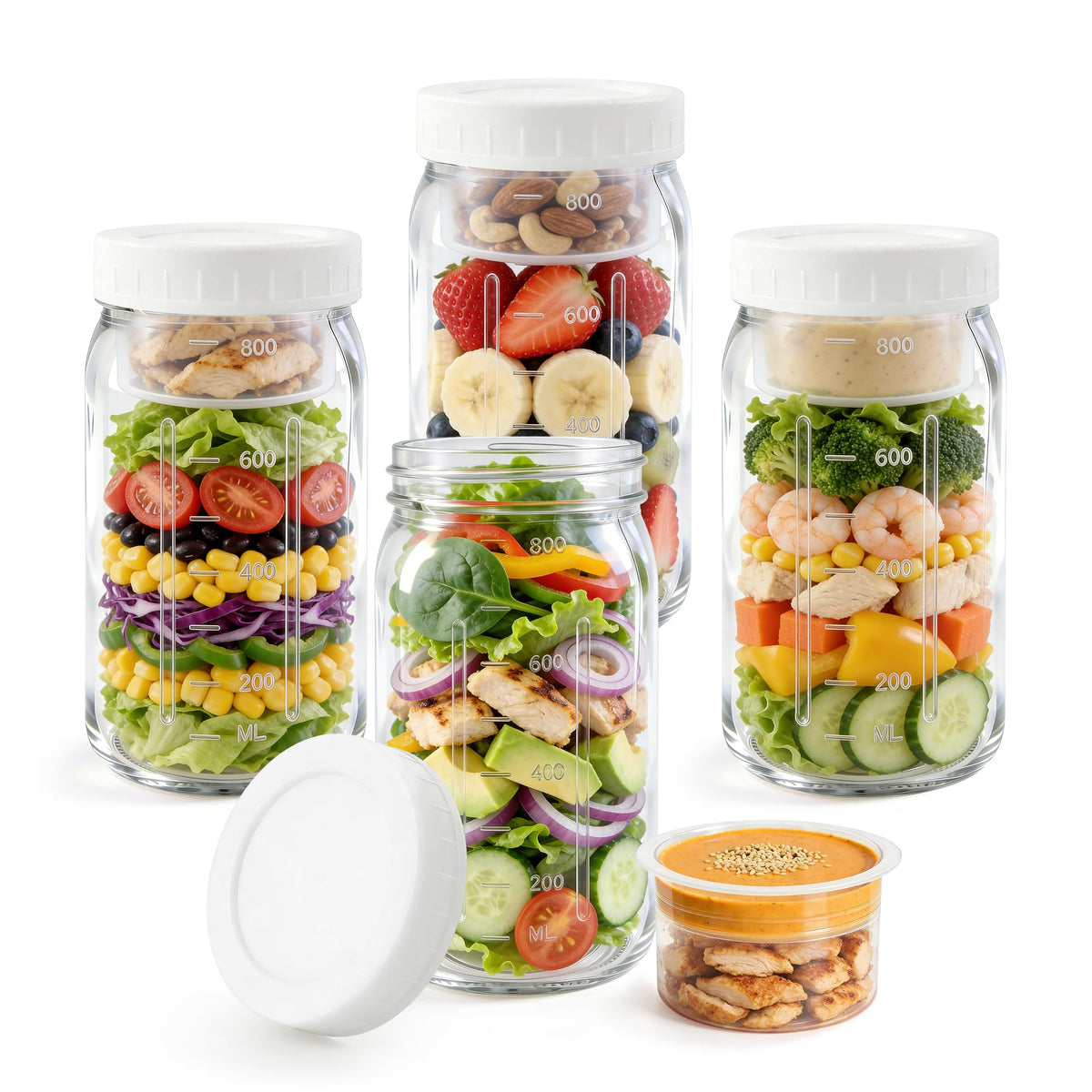 Aabberson 4-pack glass salad jars with lids shown for organized meal prep and transport