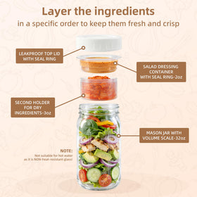 Three-layer meal prep system demonstrates main, middle, and dressing compartments