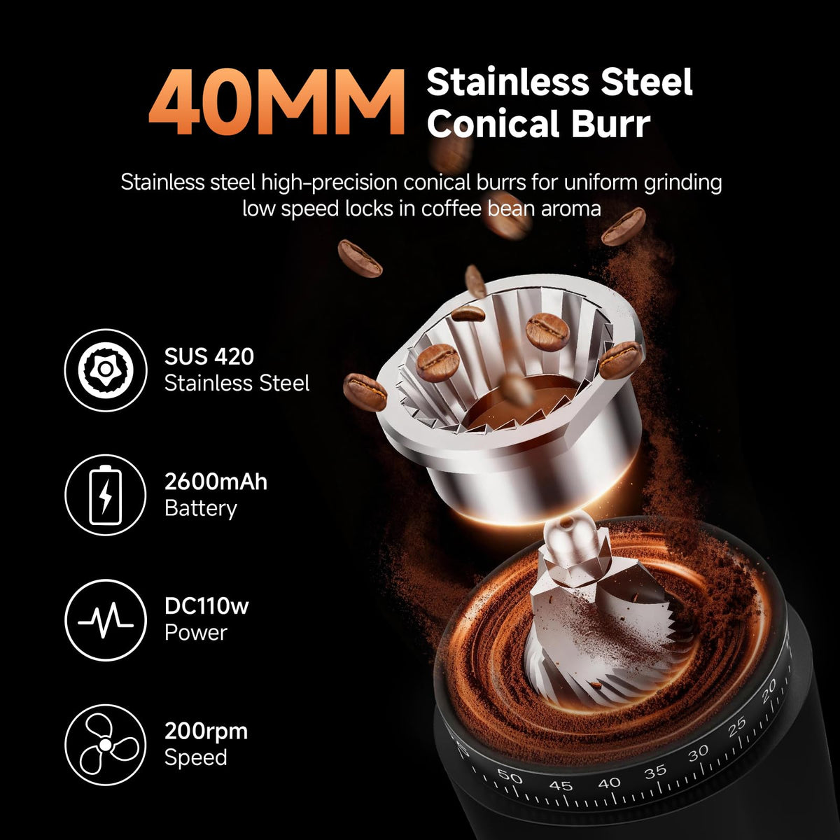 AAOBOSI burr coffee grinder with low-heat conical burr preserves aroma