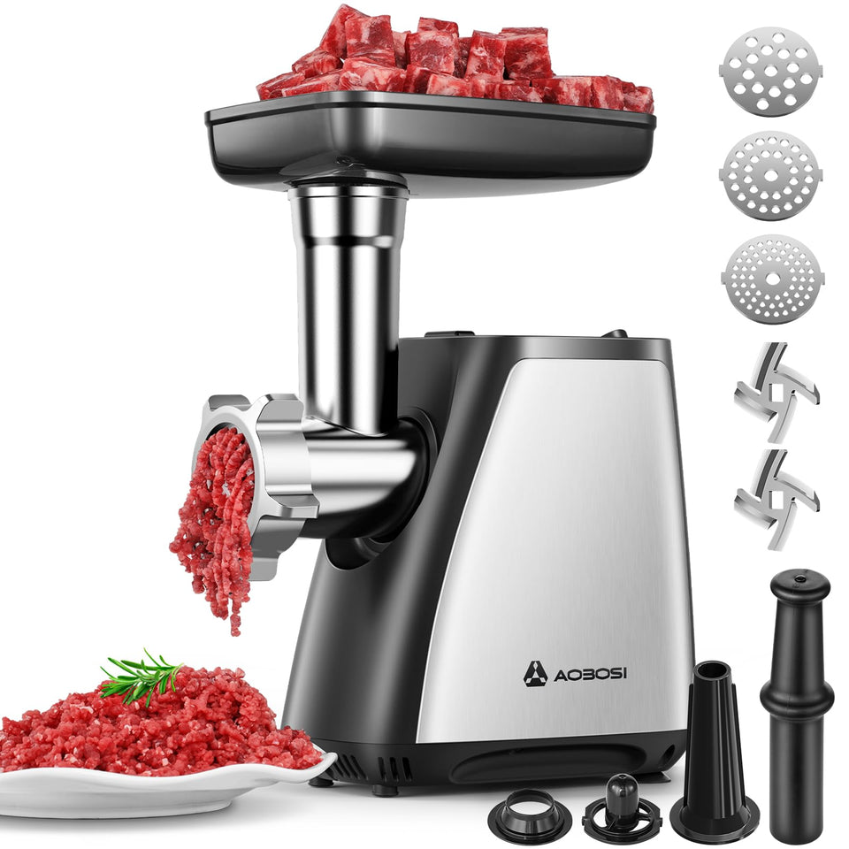 AAOBOSI Meat Grinder front view highlights sturdy stainless steel build for daily use.
