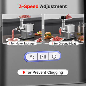 Sturdy home-use machine capable of handling beef, pork, chicken, and game meat.