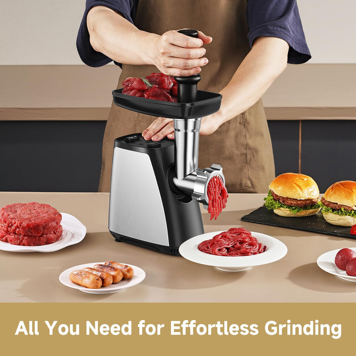 AAOBOSI meat grinder stainless steel housing highlighting durable construction.