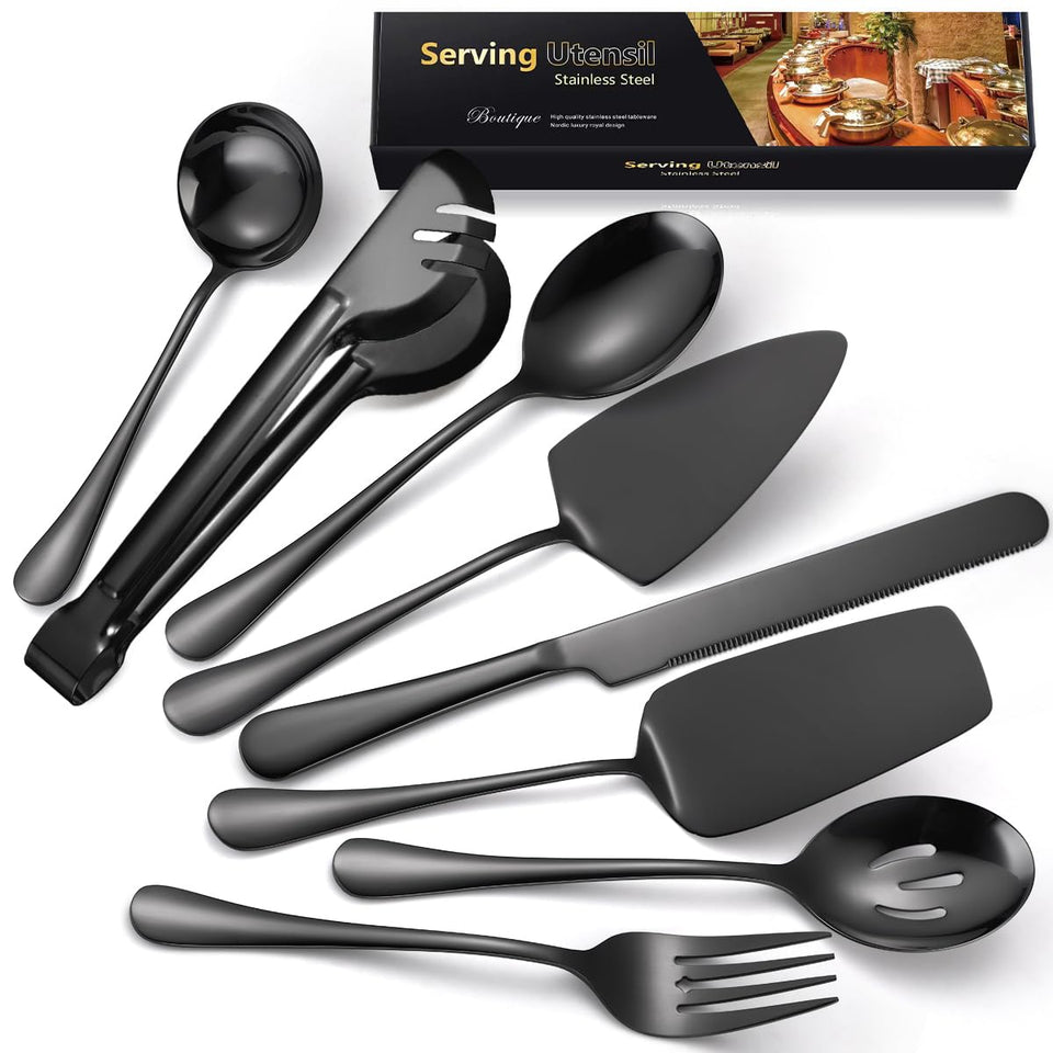 AARAINBOW Exquisite 8-piece black serving utensils set for elegant buffets and parties