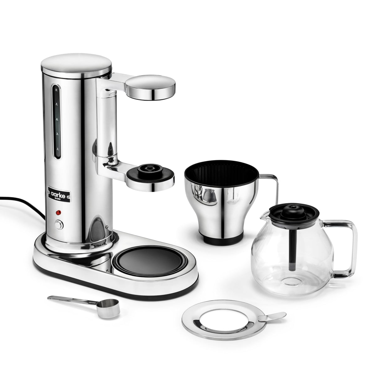 Aarke glass carafe beside the stainless steel brewer for a full carafe